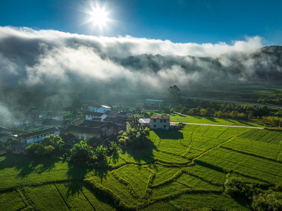 Vista mattutina dei Tulou del Fujian: un paese fatato avvolto da nuvole e nebbia