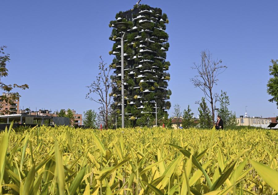 Il paesaggio primaverile del Bosco Verticale di Milano, in Italia. (11 aprile 2024 – Xinhua/ Alberto Lingria)