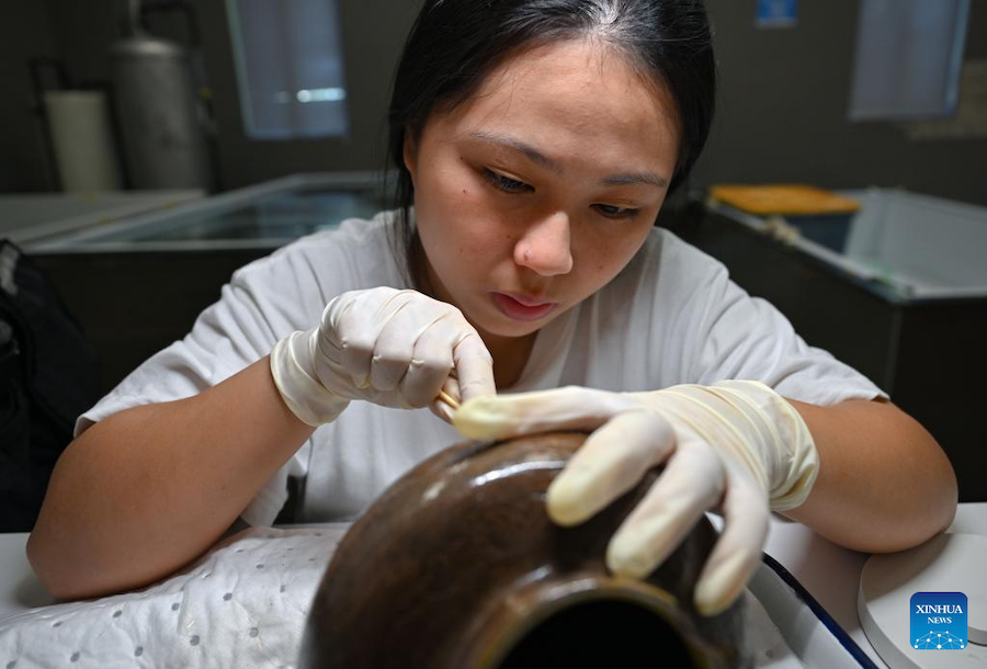 Un team di restauro protegge reliquie culturali dagli antichi relitti presso il museo di Hainan